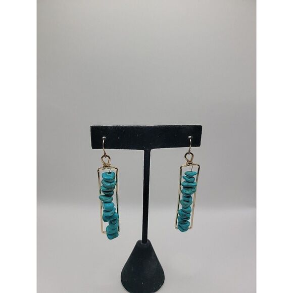 Vintage Blue Chip Bar Earrings Gold Tone Rectangular Dangle Boho Pierced Jewelry - Picture 2 of 11